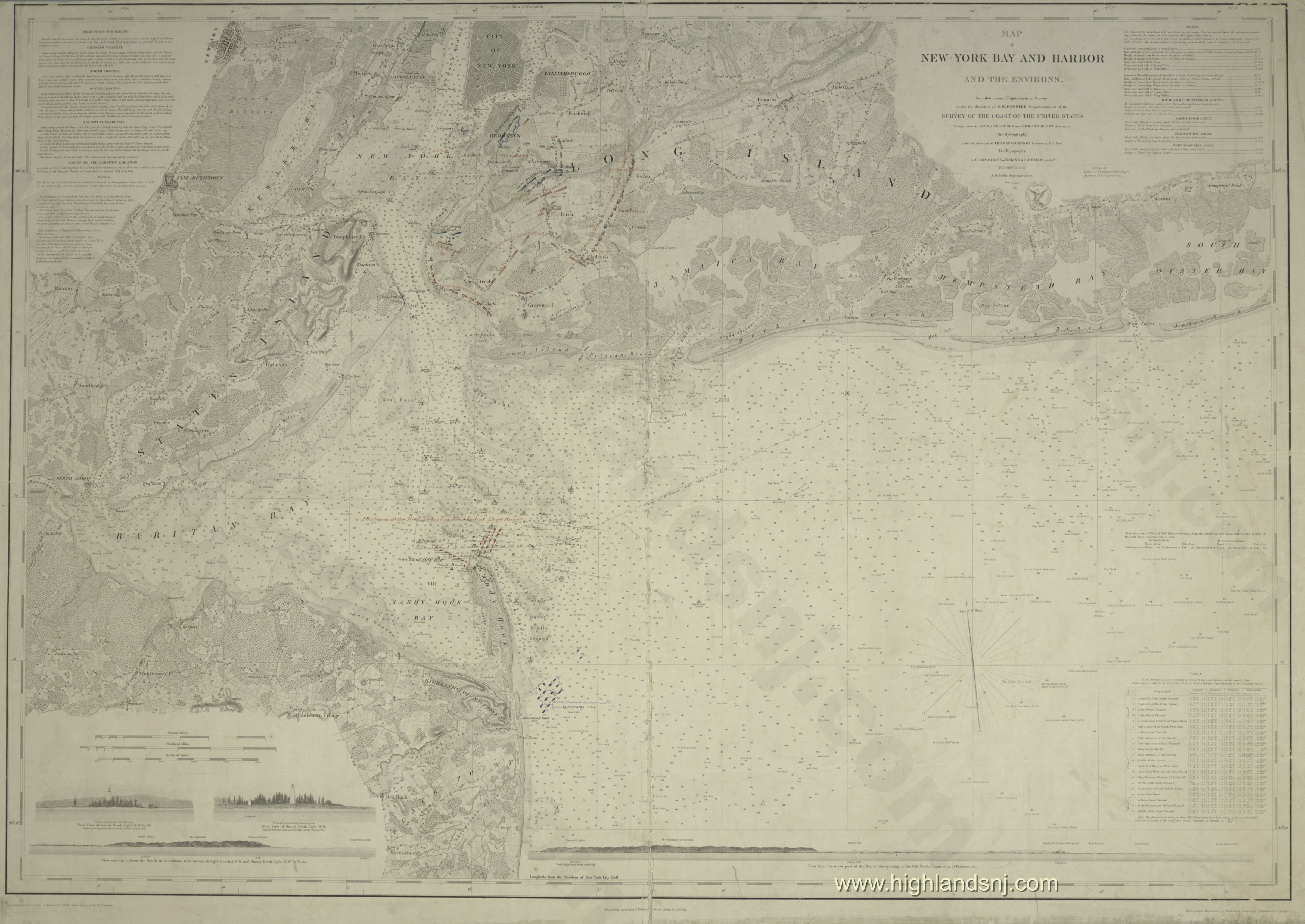 1845 Map of New-York Bay & Harbor and the environs - colored additions to show positions of troops & fleets - Battle of Long Island 1776